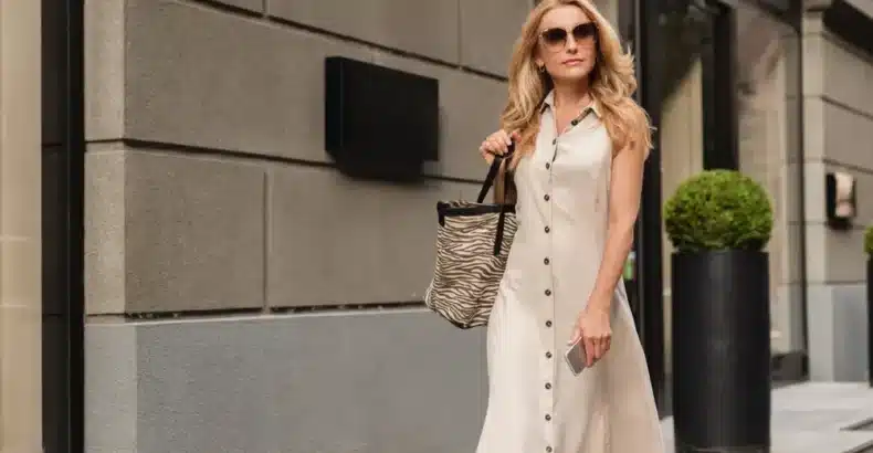 Woman walking down the high street in summer